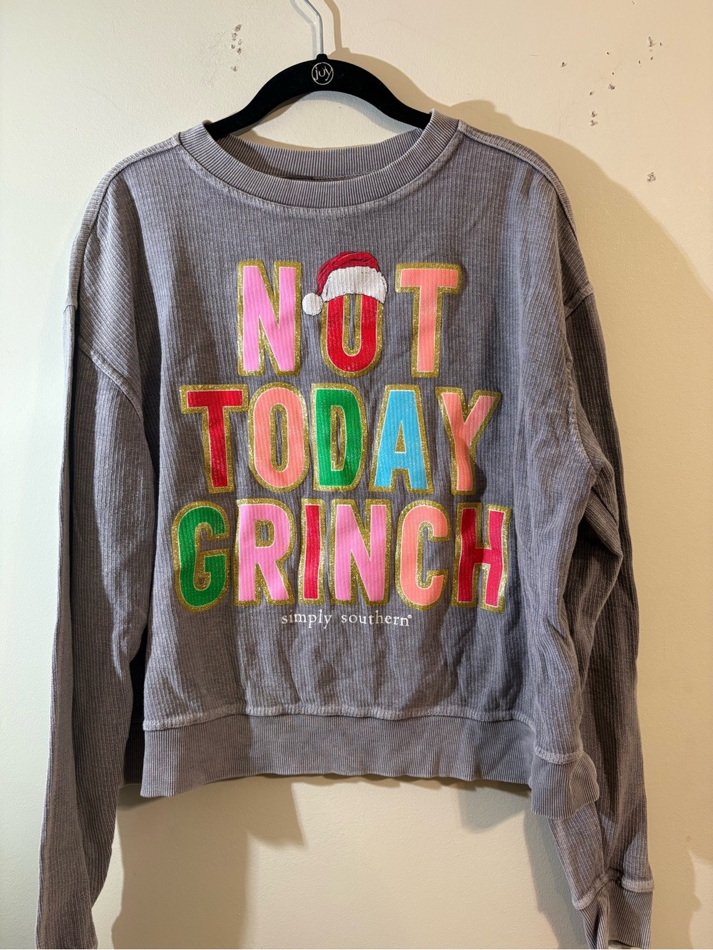 Simply Southern Gray Not Today Grinch Pullover Sweatshirt ribbed holiday medium